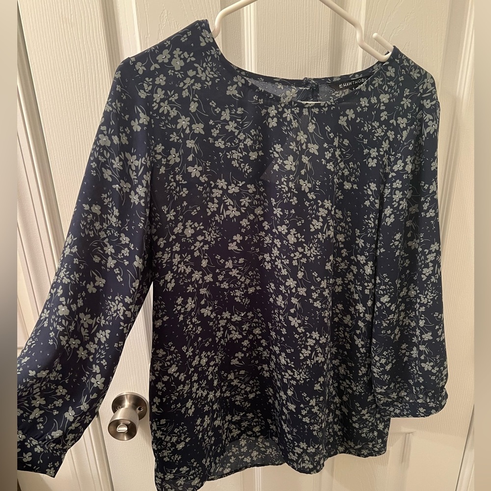 Navy and green floral blouse